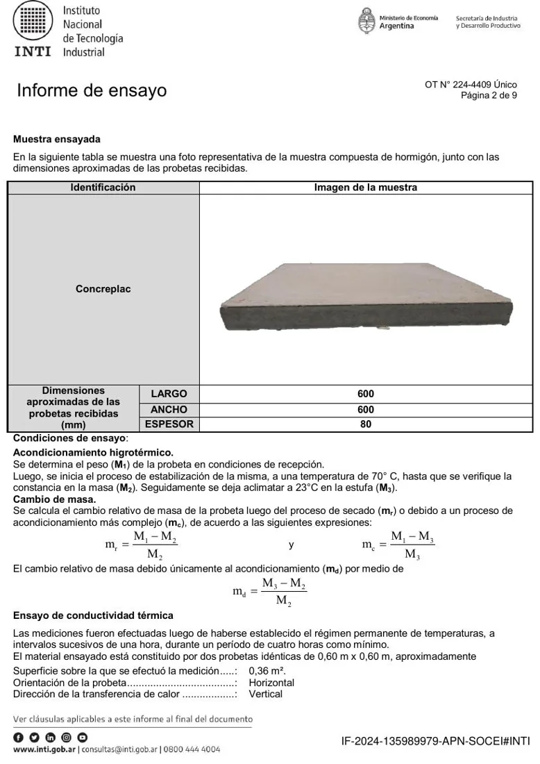 Muestra del material Concreplac en ensayo de conductividad térmica
